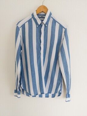 Suitsupply Linen Cotton Blue White Striped Popover Shirt Size 39/40 15.5 Slim